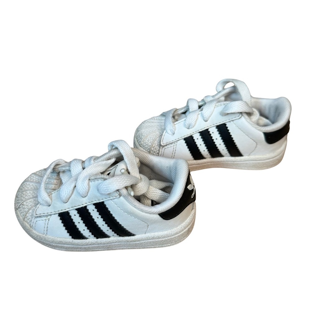 ADIDAS Baby Toddler 4K Superstar 3 Stripe Leather Sneakers White With Navy Blue - Picture 13 of 15